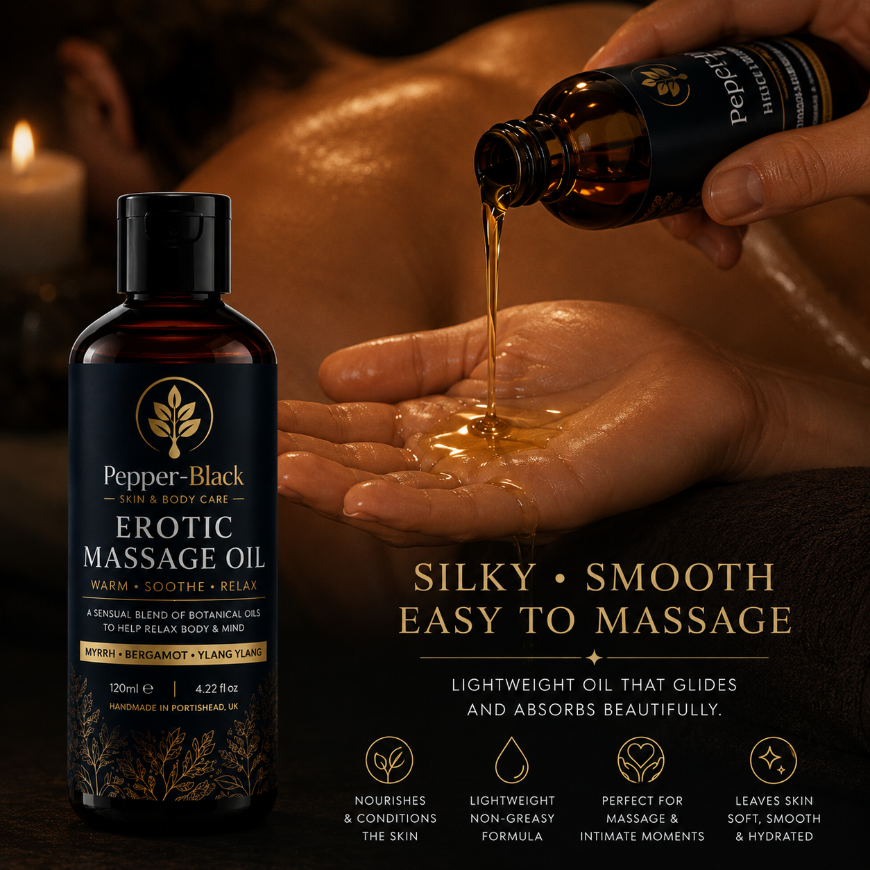 Pepper-Black Erotic Massage Oil bottle shown alongside a lifestyle scene of oil being poured onto a person's hand, with promotional text highlighting silky, smooth texture and benefits.