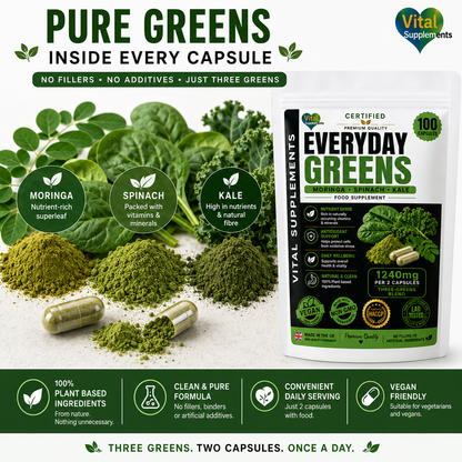 Everyday Greens capsules with Moringa Spinach and Kale plant powders