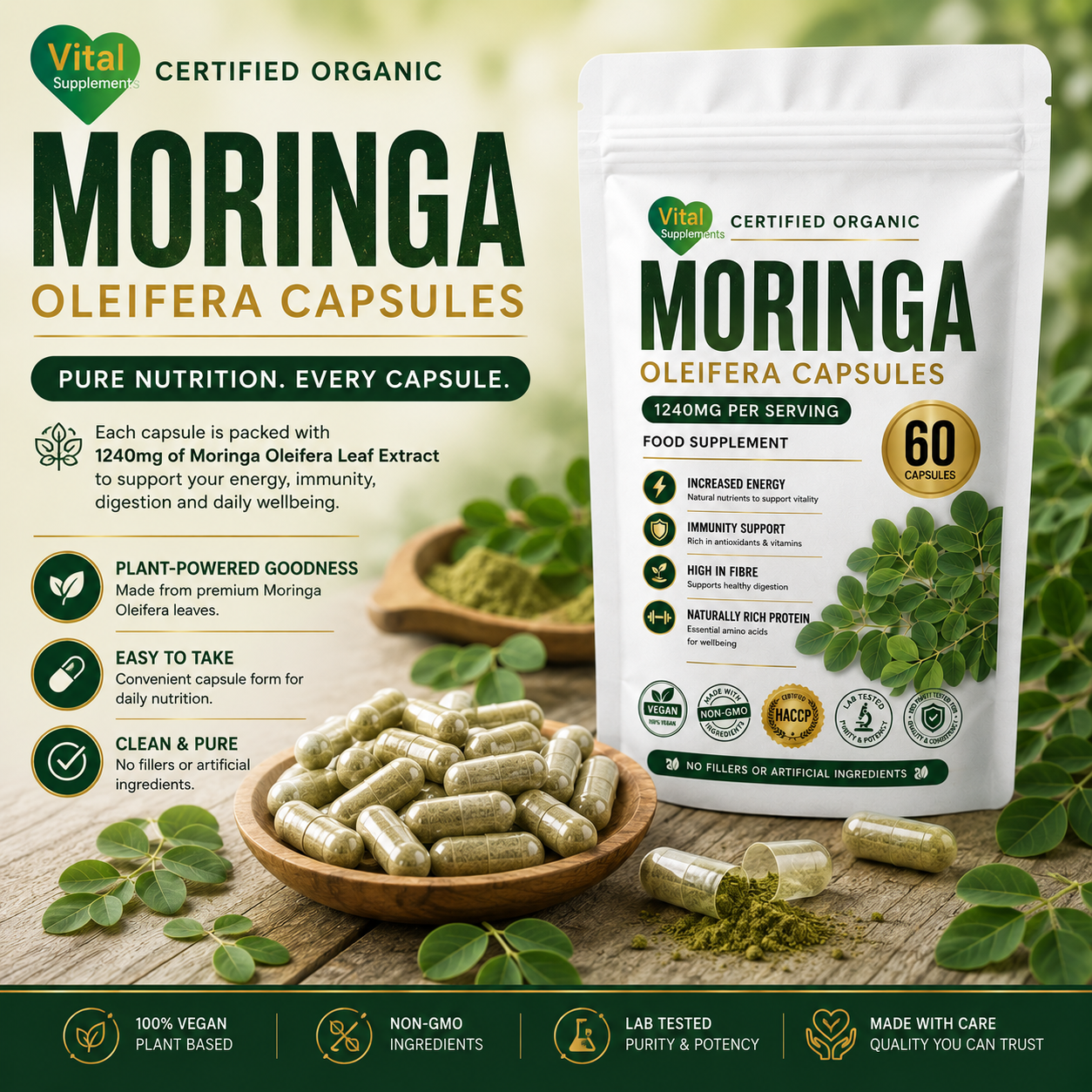 Moringa Capsules 1240mg | Organic Moringa Oleifera Leaf | High Strength Supplements
