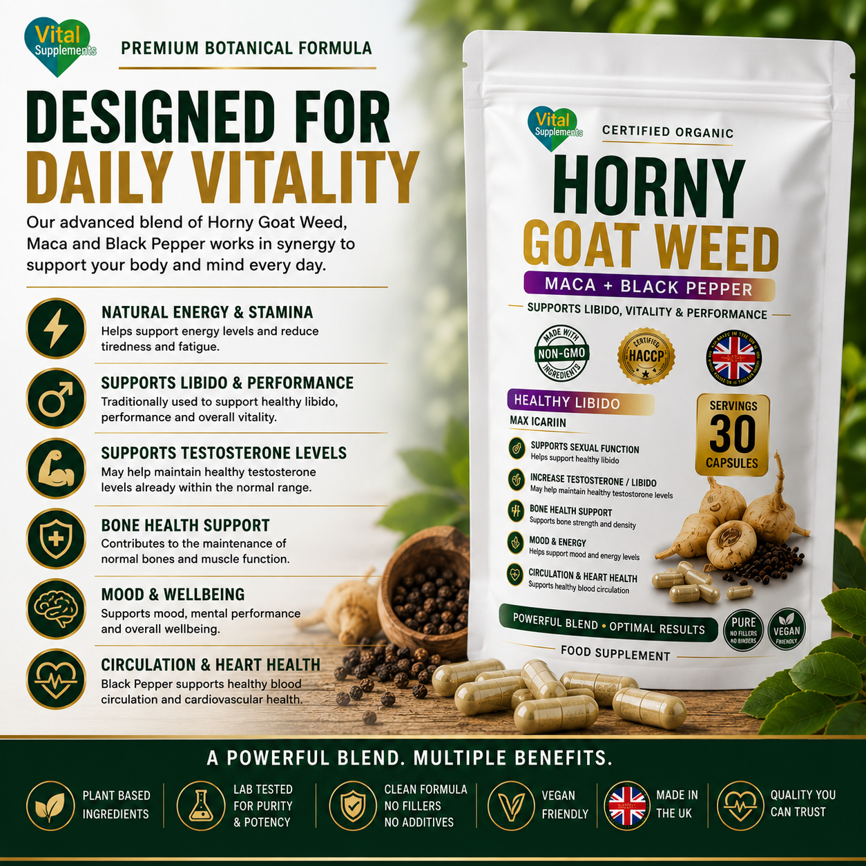 HornyGoatWeed Extract Powder 10:1 + Maca & Black Pepper | Libido Herbal Blend | Supplements