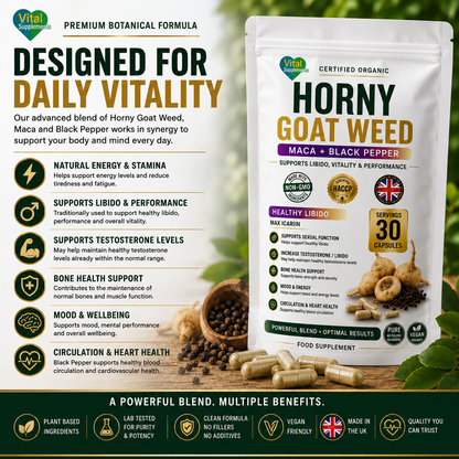 HornyGoatWeed Extract Powder 10:1 + Maca & Black Pepper | Libido Herbal Blend | Supplements