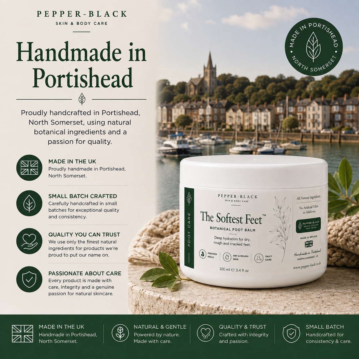 Pepper-Black 'The Sofitest Feet' Botanical Foot Balm jar shown on a promotional graphic with a scenic Portishead background, product details, and marketing text.