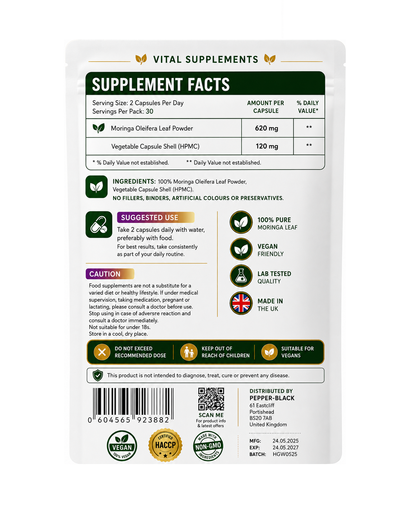 The back of a white supplement pouch for Vital Supplements Moringa Officina Leaf Powder, displaying supplement facts, ingredients, suggested use, cautions, and distribution details.