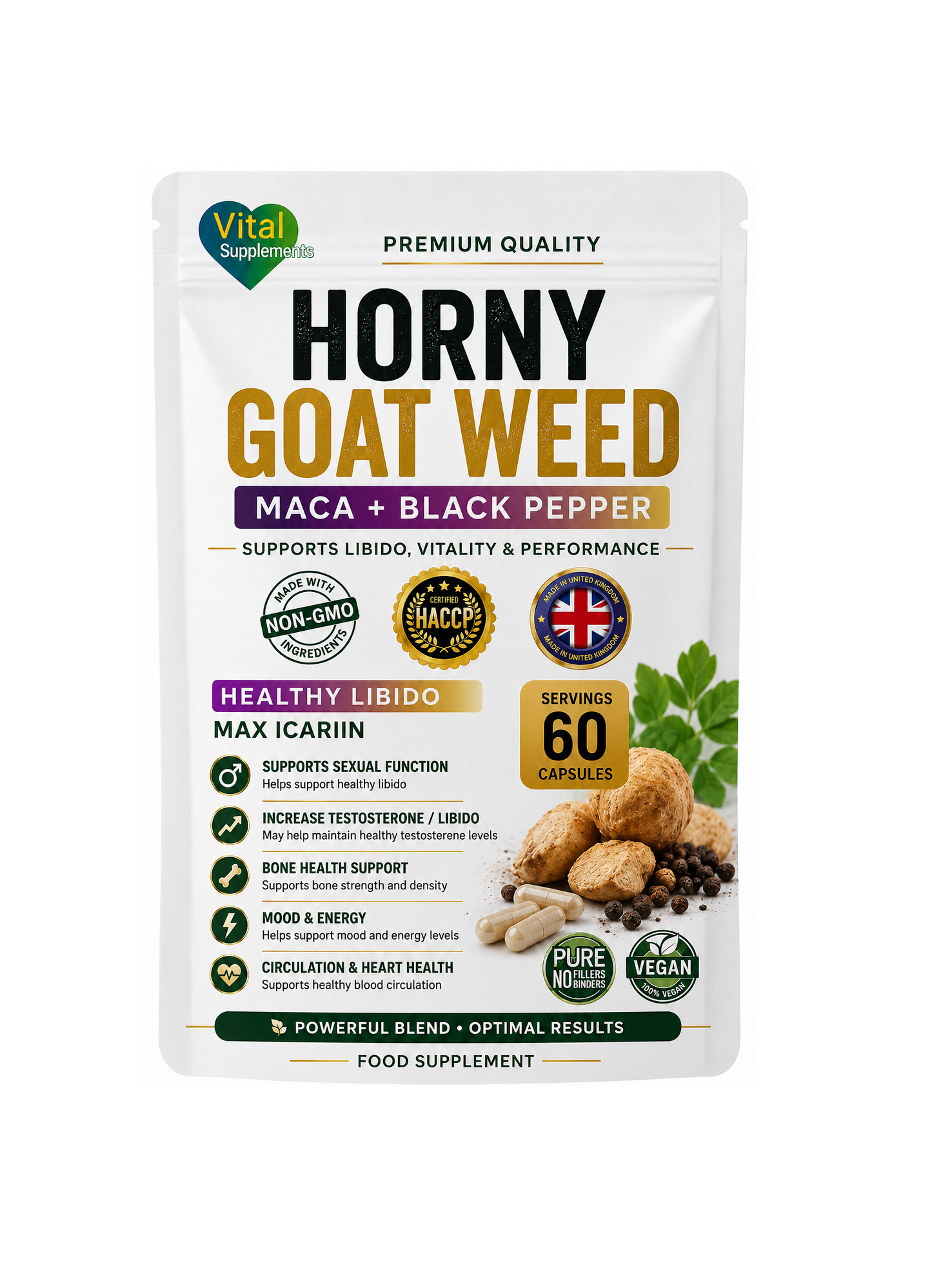 A stand-up pouch of Horny Goat Weed food supplement by Vital Supplements, featuring a white background with black and gold text, green accents, and imagery of herbs and capsules.