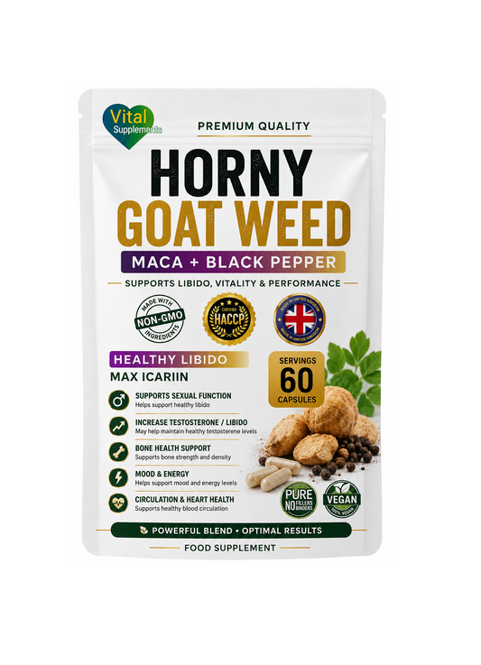 A stand-up pouch of Horny Goat Weed food supplement by Vital Supplements, featuring a white background with black and gold text, green accents, and imagery of herbs and capsules.