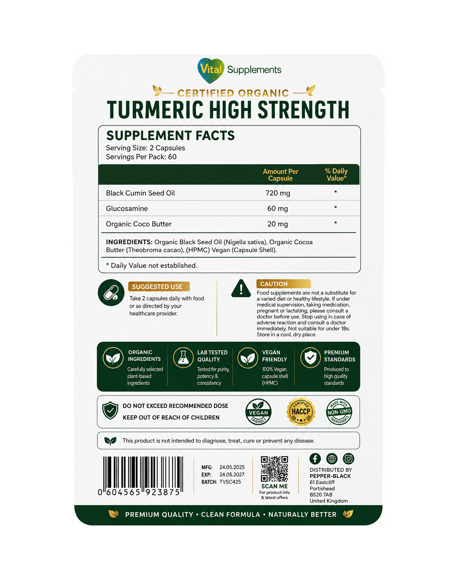 Back of a supplement package for Veri Supplements Turmeric High Strength, showing supplement facts, ingredients, warnings, and feature icons on a white background.