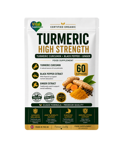 Vital Supplements Turmeric High Strength food supplement pouch, featuring a white stand-up bag with green and gold text, ingredient illustrations, and a dark green footer strip on a white background.