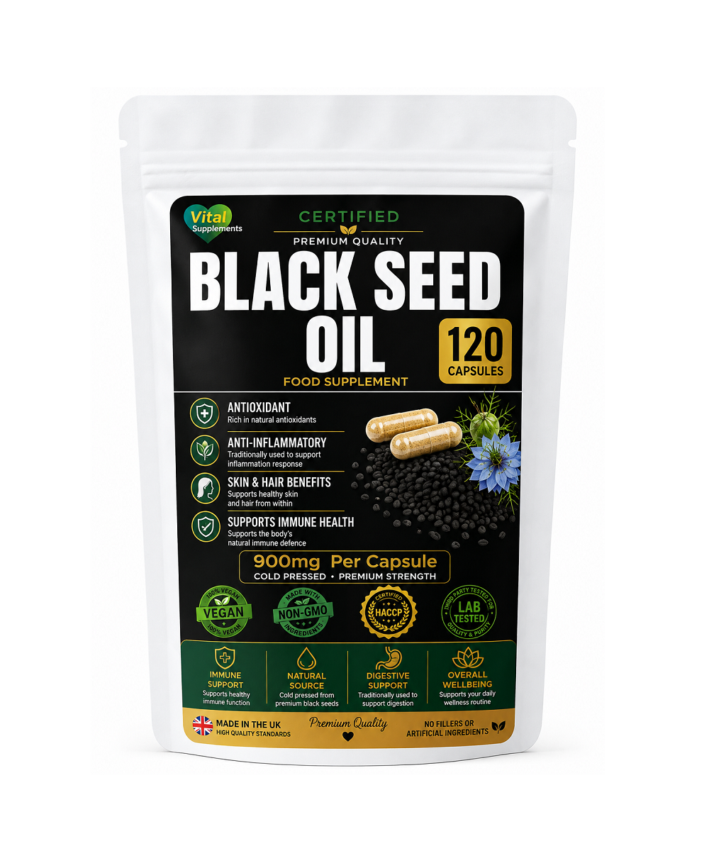 A stand-up pouch of Vital Supplements Black Seed Oil food supplement, 120 capsules, on a plain white background.