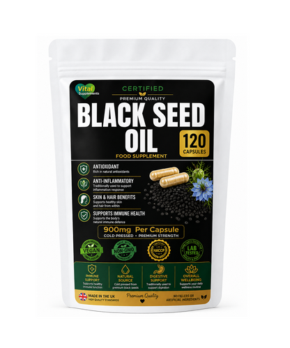 A stand-up pouch of Vital Supplements Black Seed Oil food supplement, 120 capsules, on a plain white background.