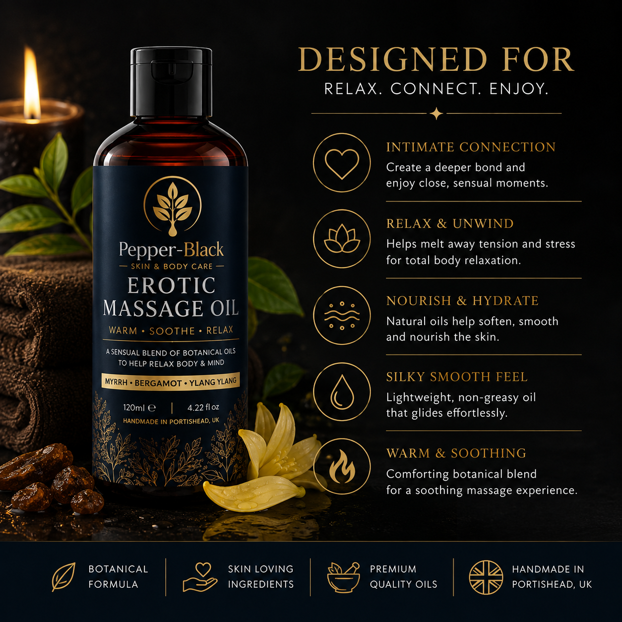 A bottle of Pepper-Black Erotic Massage Oil is shown in a dark, atmospheric promotional layout with candles, flowers, and text callouts about benefits and ingredients.