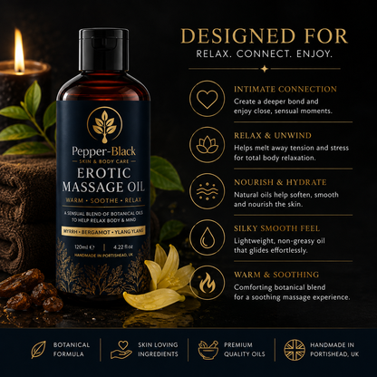 A bottle of Pepper-Black Erotic Massage Oil is shown in a dark, atmospheric promotional layout with candles, flowers, and text callouts about benefits and ingredients.