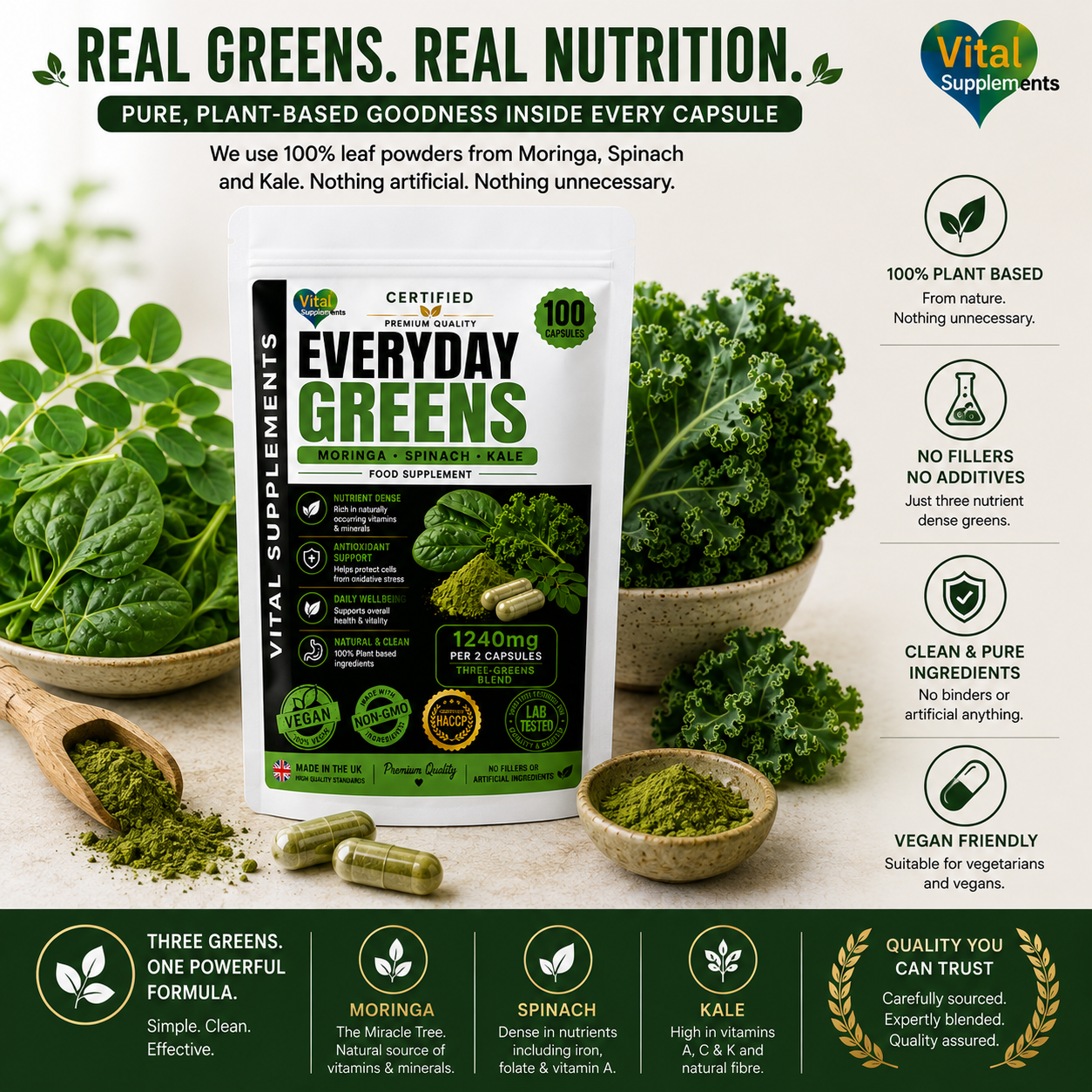 Everyday Greens three leafy greens plant based daily food supplement with Moringa Spinach and Kale