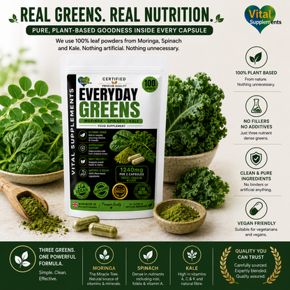 Everyday Greens three leafy greens plant based daily food supplement with Moringa Spinach and Kale