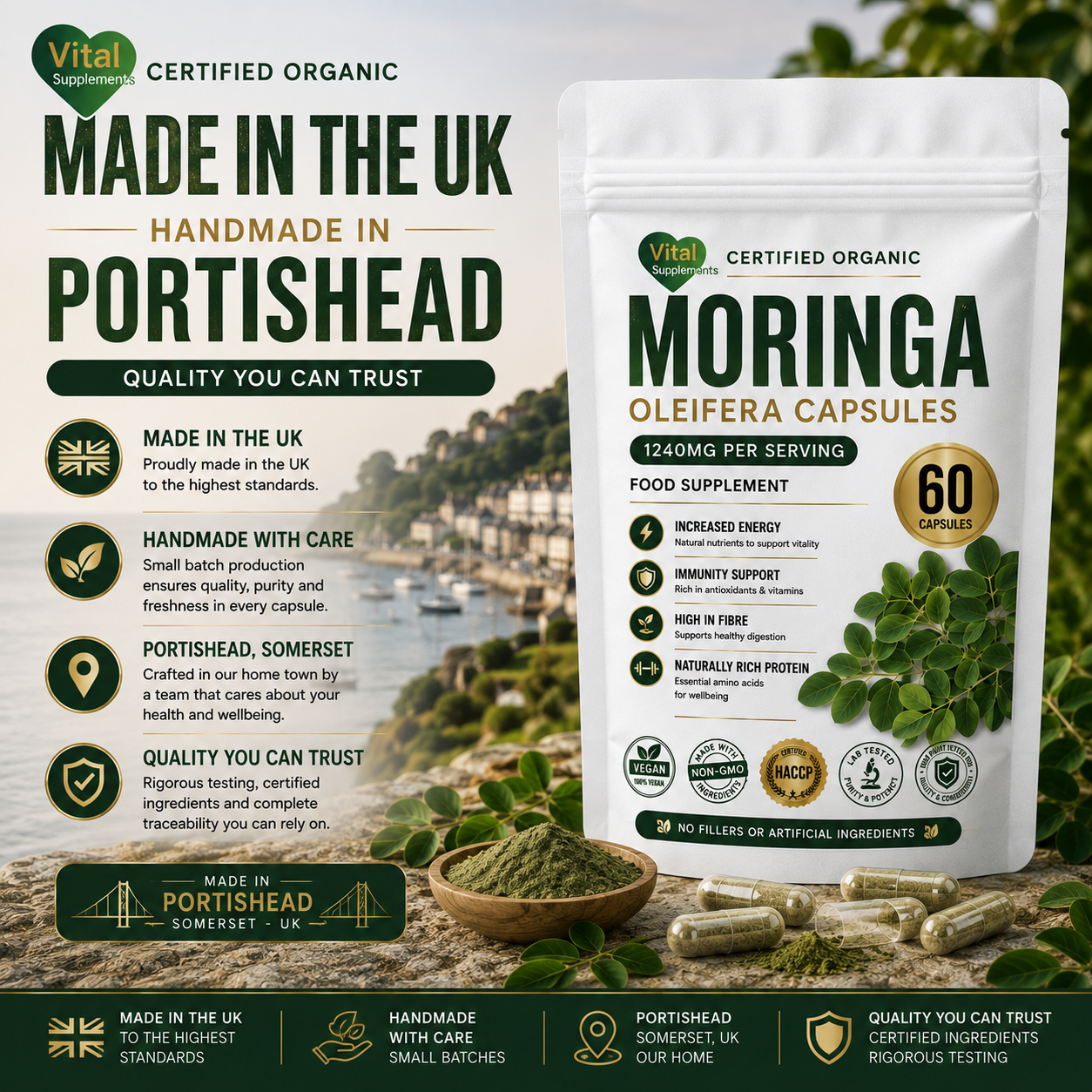 Moringa Capsules 1240mg | Organic Moringa Oleifera Leaf | High Strength Supplements