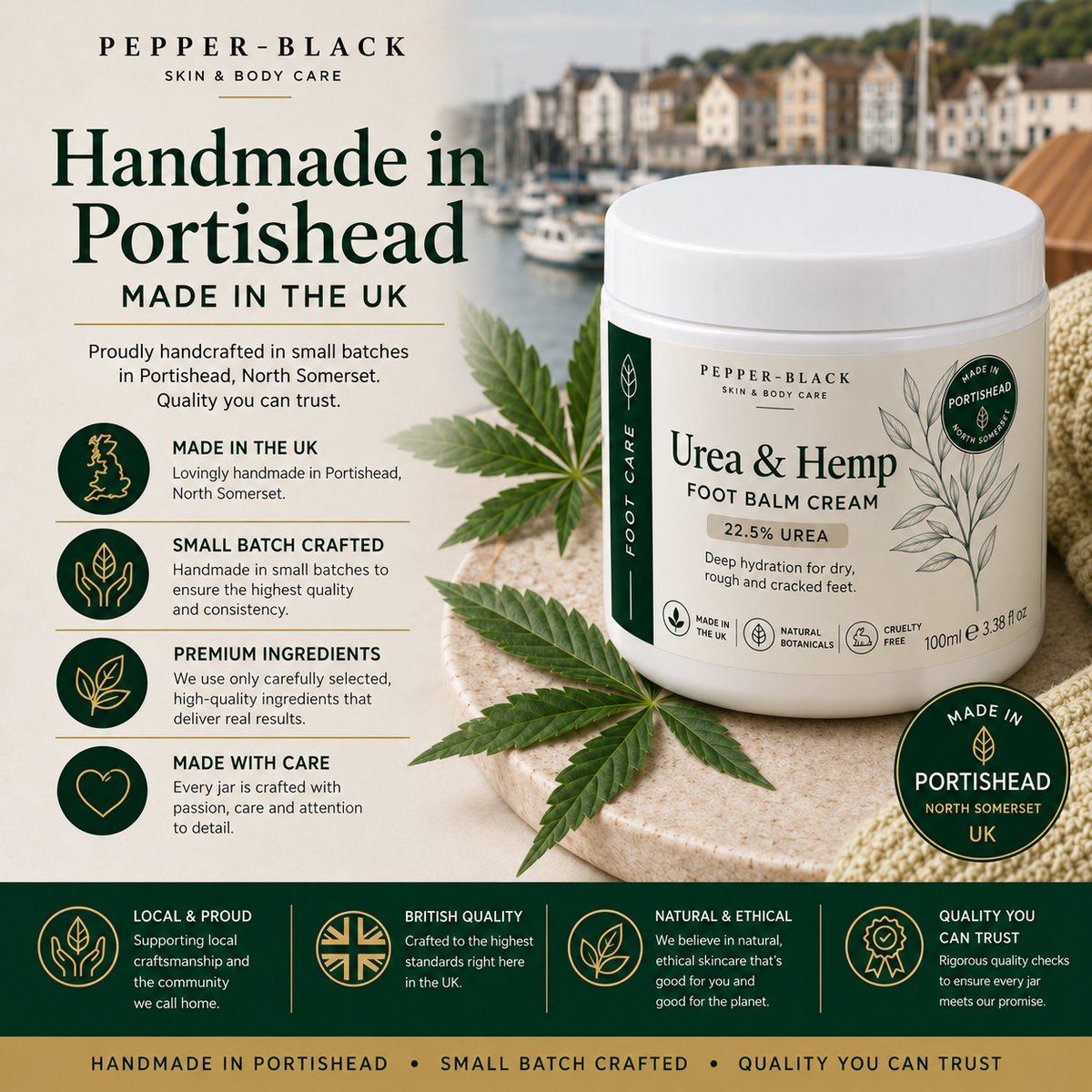 Pepper-Black Urea & Hemp Foot Balm Cream made in portishead UK