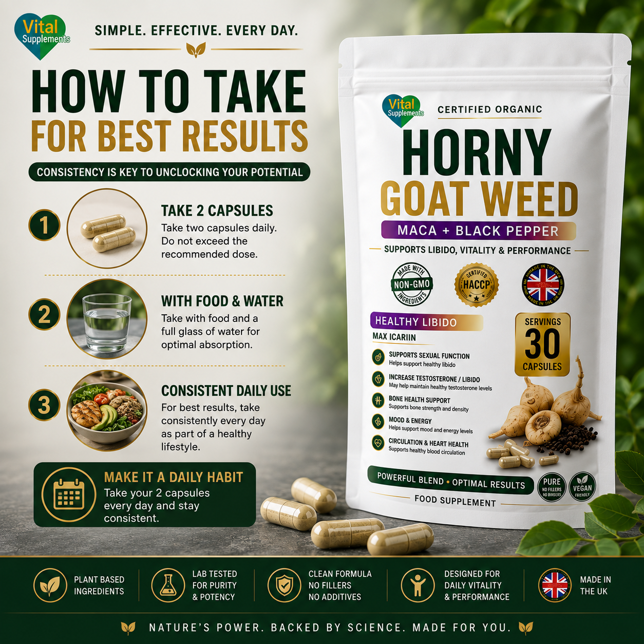 HornyGoatWeed Extract Powder 10:1 + Maca & Black Pepper | Libido Herbal Blend | Supplements