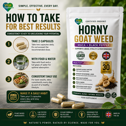 HornyGoatWeed Extract Powder 10:1 + Maca & Black Pepper | Libido Herbal Blend | Supplements