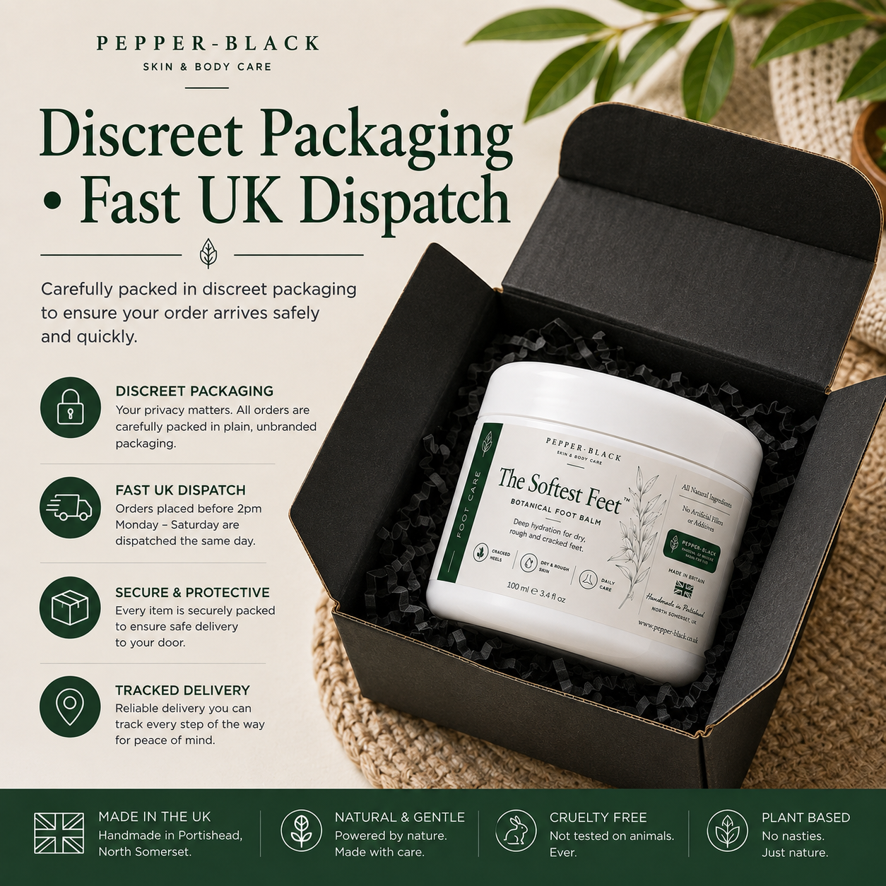 A white jar of Pepper Black 'The Softest Feet' paw balm presented inside an open black gift box with branded packaging graphics and promotional text on a beige background.