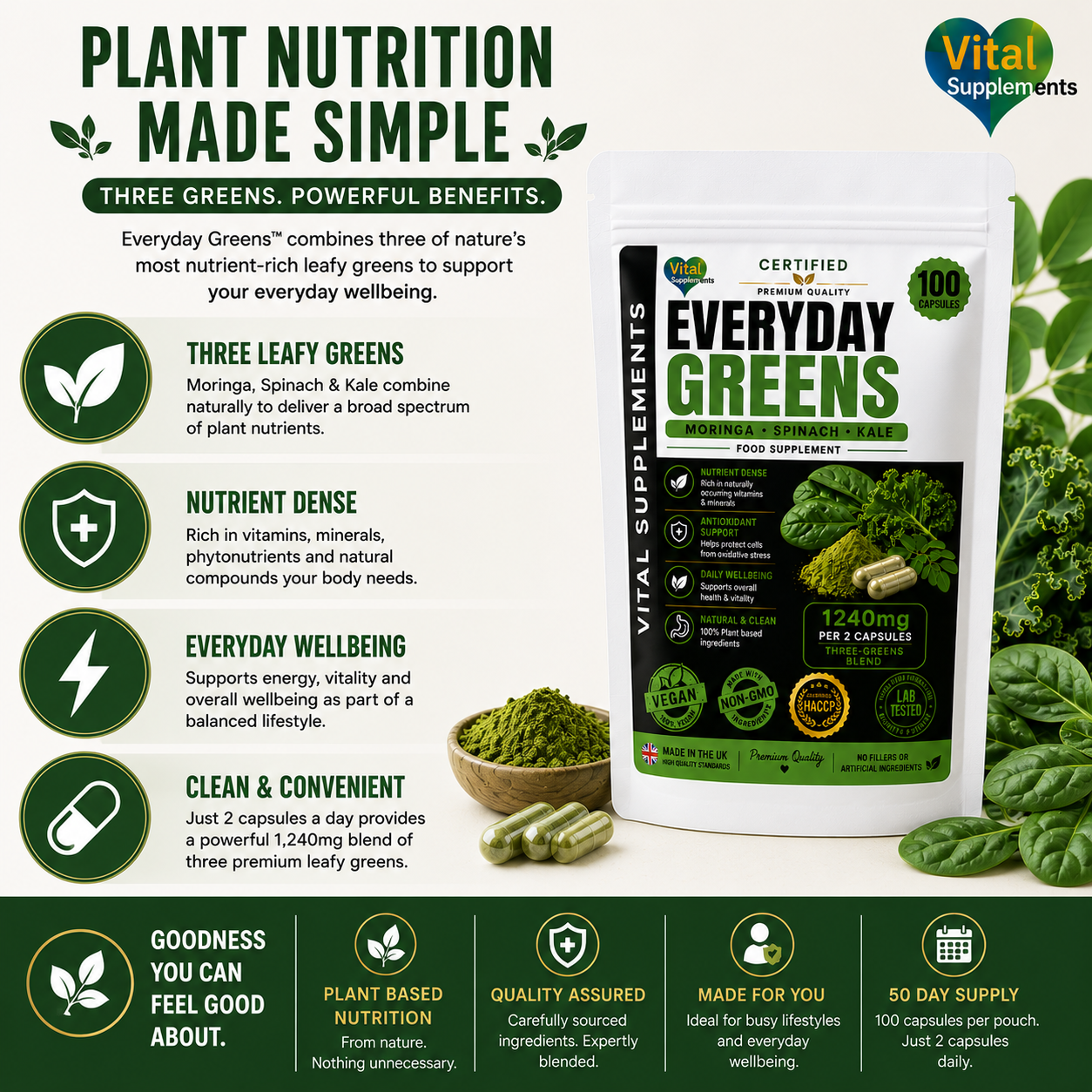 Plant nutrition made simple with Everyday Greens Moringa Spinach and Kale capsules