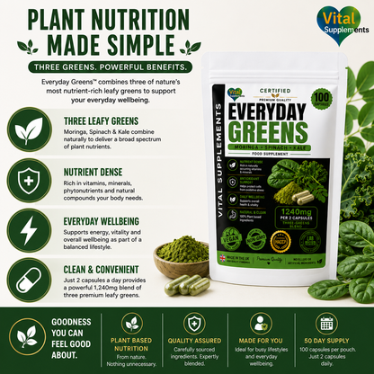 Plant nutrition made simple with Everyday Greens Moringa Spinach and Kale capsules