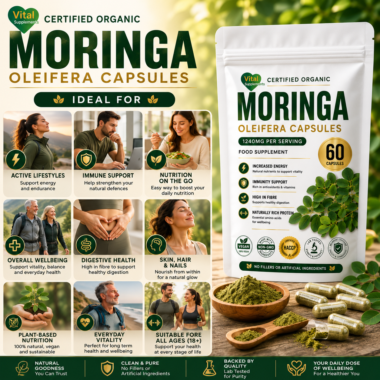 Moringa Capsules 1240mg | Organic Moringa Oleifera Leaf | High Strength Supplements