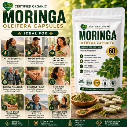 Moringa Capsules 1240mg | Organic Moringa Oleifera Leaf | High Strength Supplements