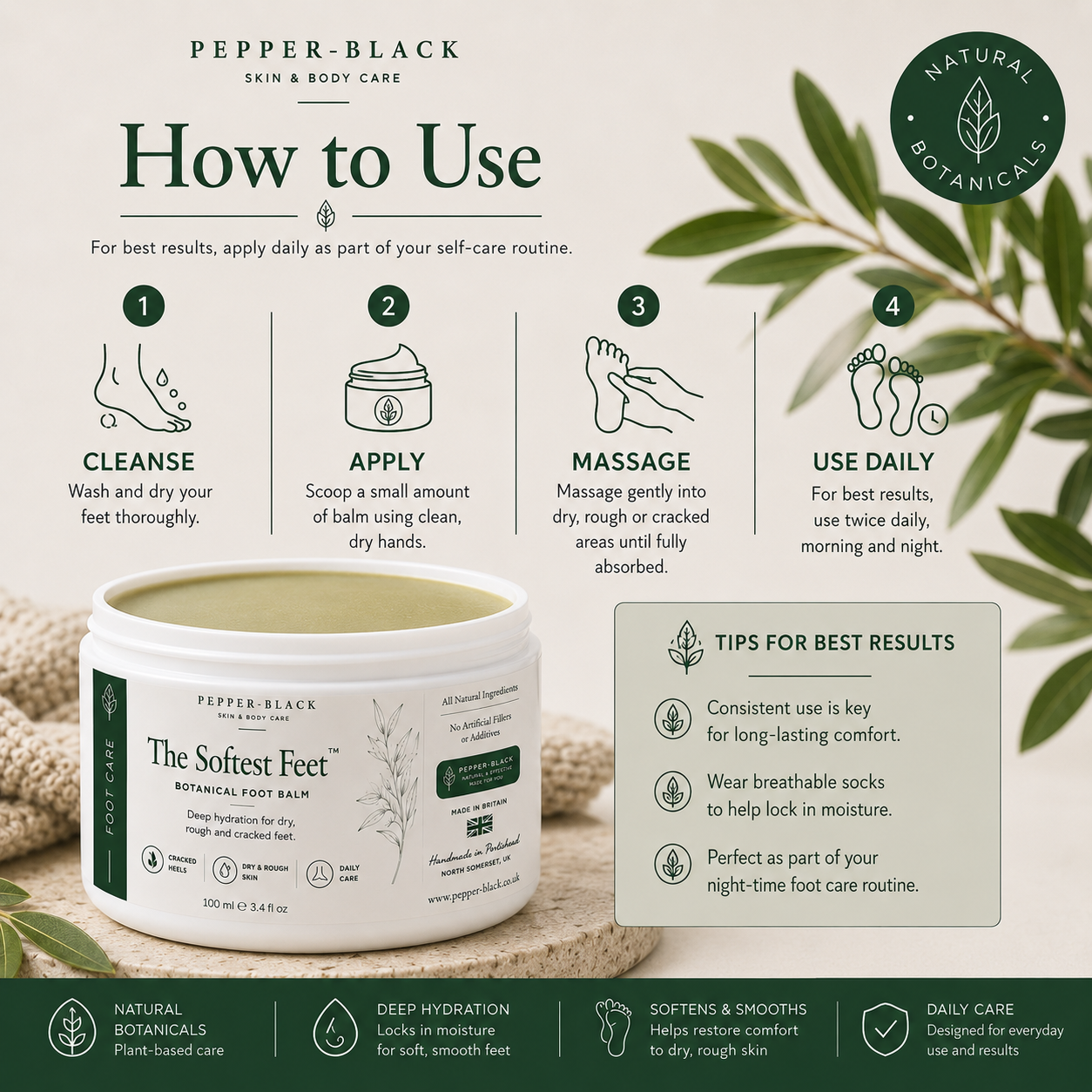 An instructional graphic for Pepper-Black Mineral Foot Balm showing how to use it in four steps, with a jar of the balm at the bottom and botanical-themed design elements.