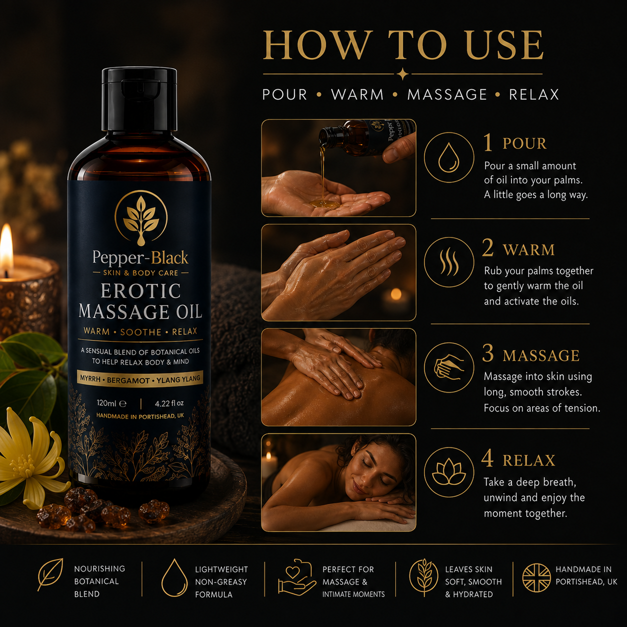 A bottle of Pepper-Black & Body Care Erotic Massage Oil is shown on a dark promotional graphic with the title 'HOW TO USE' and four step-by-step usage panels showing oil being poured onto hands, rubbing palms together, massaging skin, and a person lying down. The bottle is amber-brown glass with a black cap and black label featuring gold and white text.