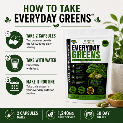 Everyday Greens vegan capsules designed for convenient everyday plant based nutrition