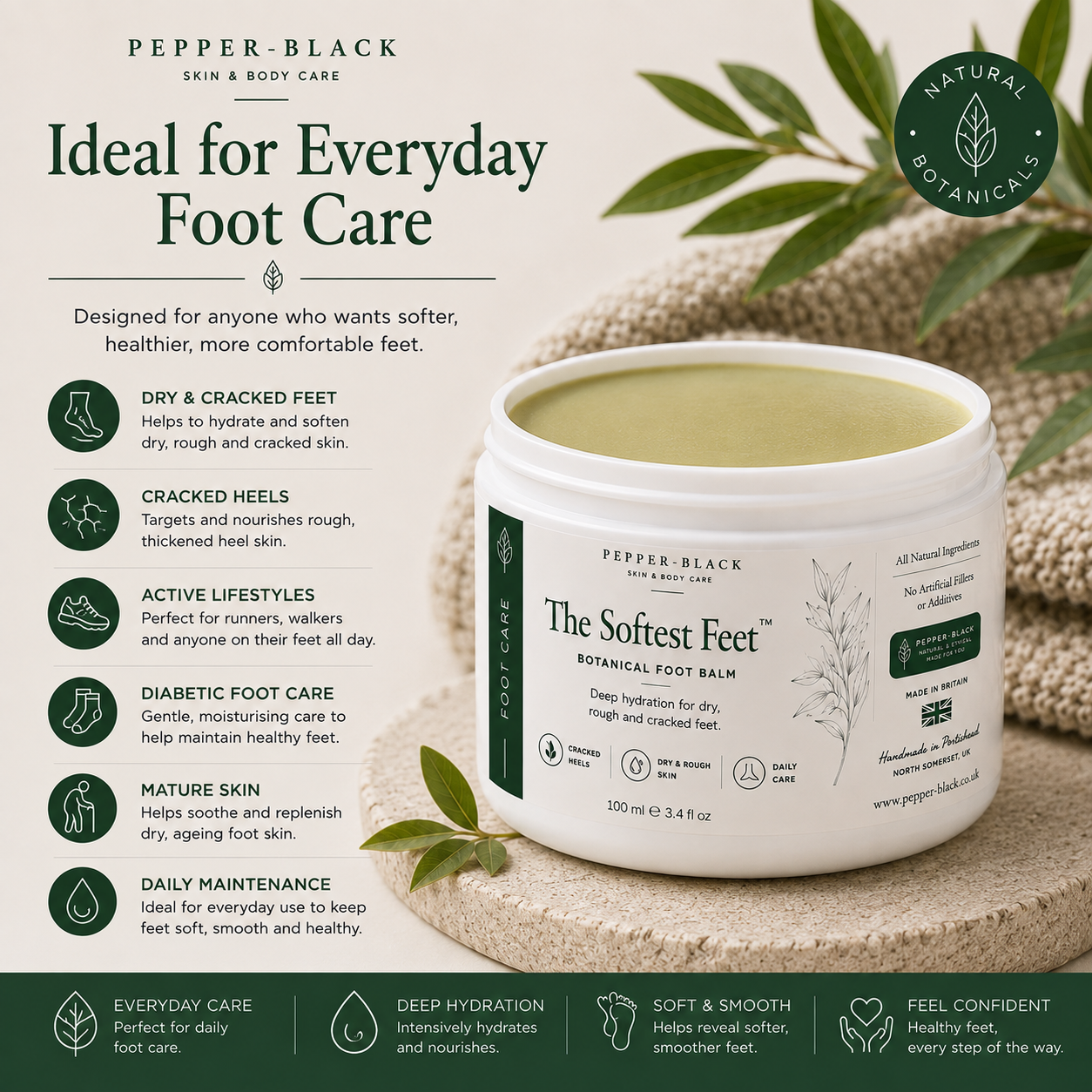 Pepper-Black Botanical Foot Salm in a white jar with green labels, displayed on a textured beige surface with green leaves and a decorative banner detailing foot care benefits.