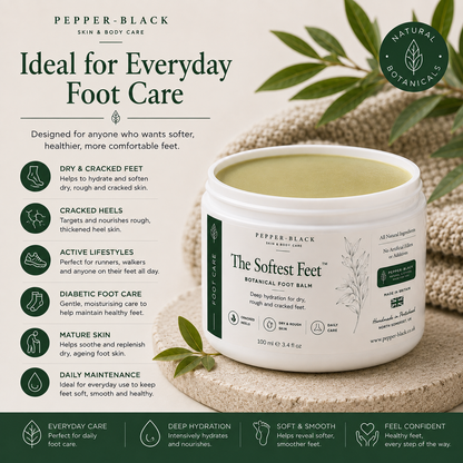Pepper-Black Botanical Foot Salm in a white jar with green labels, displayed on a textured beige surface with green leaves and a decorative banner detailing foot care benefits.
