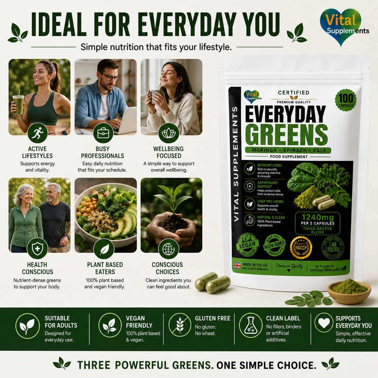 Everyday Greens Moringa Spinach and Kale capsules prepared and packed in Portishead UK