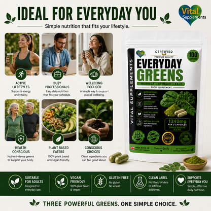 Everyday Greens Moringa Spinach and Kale capsules prepared and packed in Portishead UK