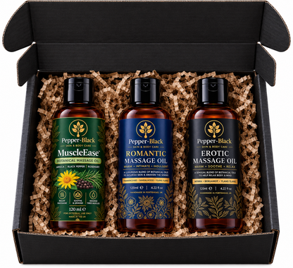 Three Pepper-Black 120ml massage oils featuring Romantic, Erotic and MuscleEase in amber bottles