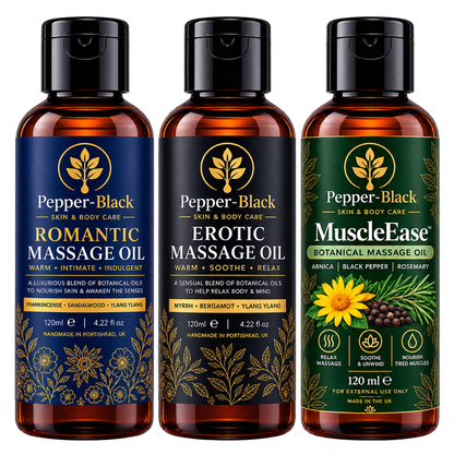Three Pepper-Black 120ml massage oils featuring Romantic, Erotic and MuscleEase in amber bottles