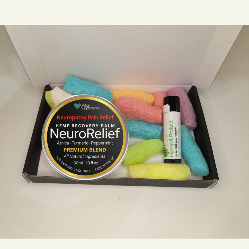 NeuroRelief balm in a box with colorful items