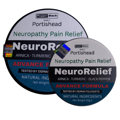 Two containers of NeuroRelief neuropathy pain relief on a light gray background