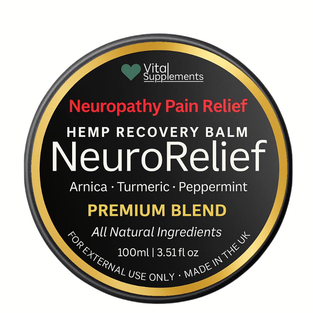 NeuroRelief Hemp Recovery Balm container with branding and product details on a white background