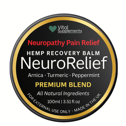 NeuroRelief Hemp Recovery Balm container with branding and product details on a white background