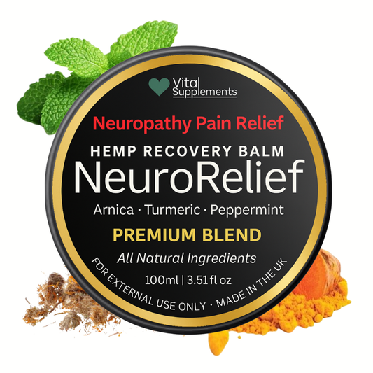 NeuroRelief Hemp Recovery Balm container with ingredients on a white background