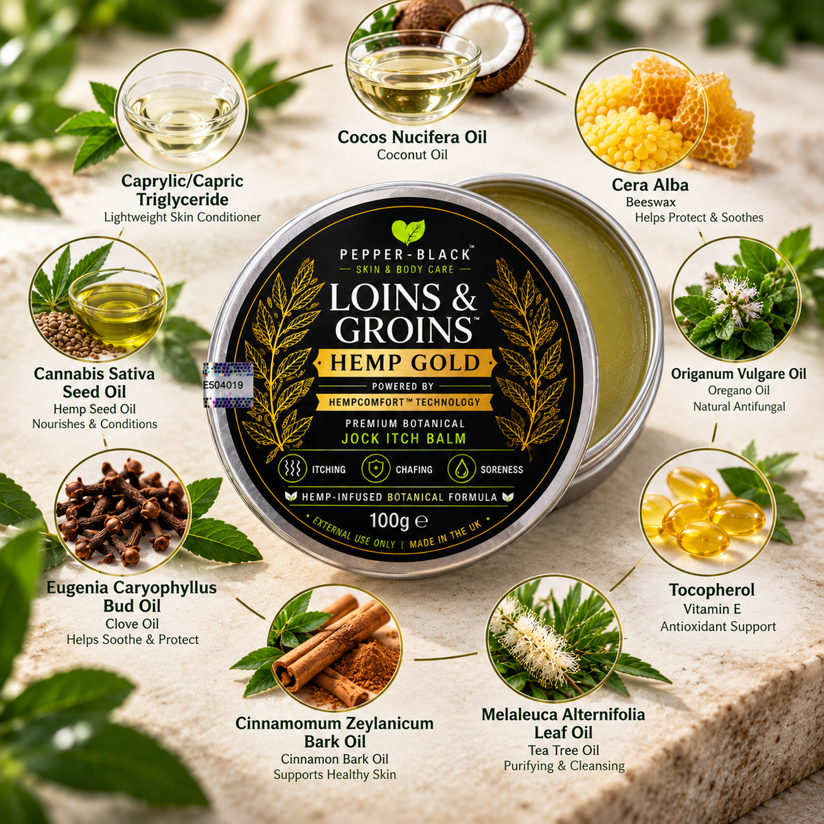 Jock Itch Balm for Men – Loins & Groins™ Hemp Gold 100ml / 150ml
