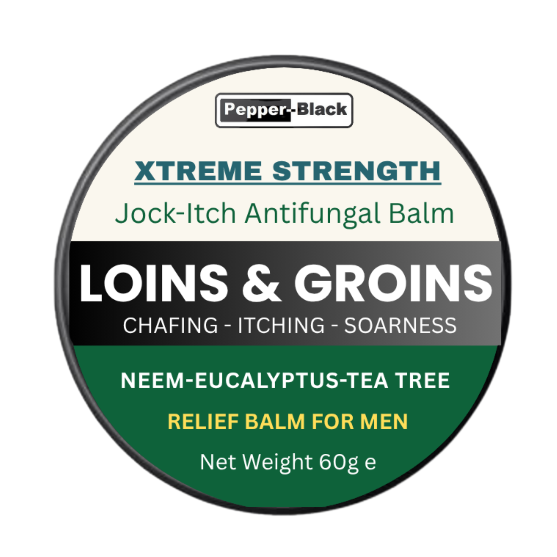 Tin of Pepper-Black Xtreme Strength Jock-Itch Antifungal Balm for loins and groins on a white background