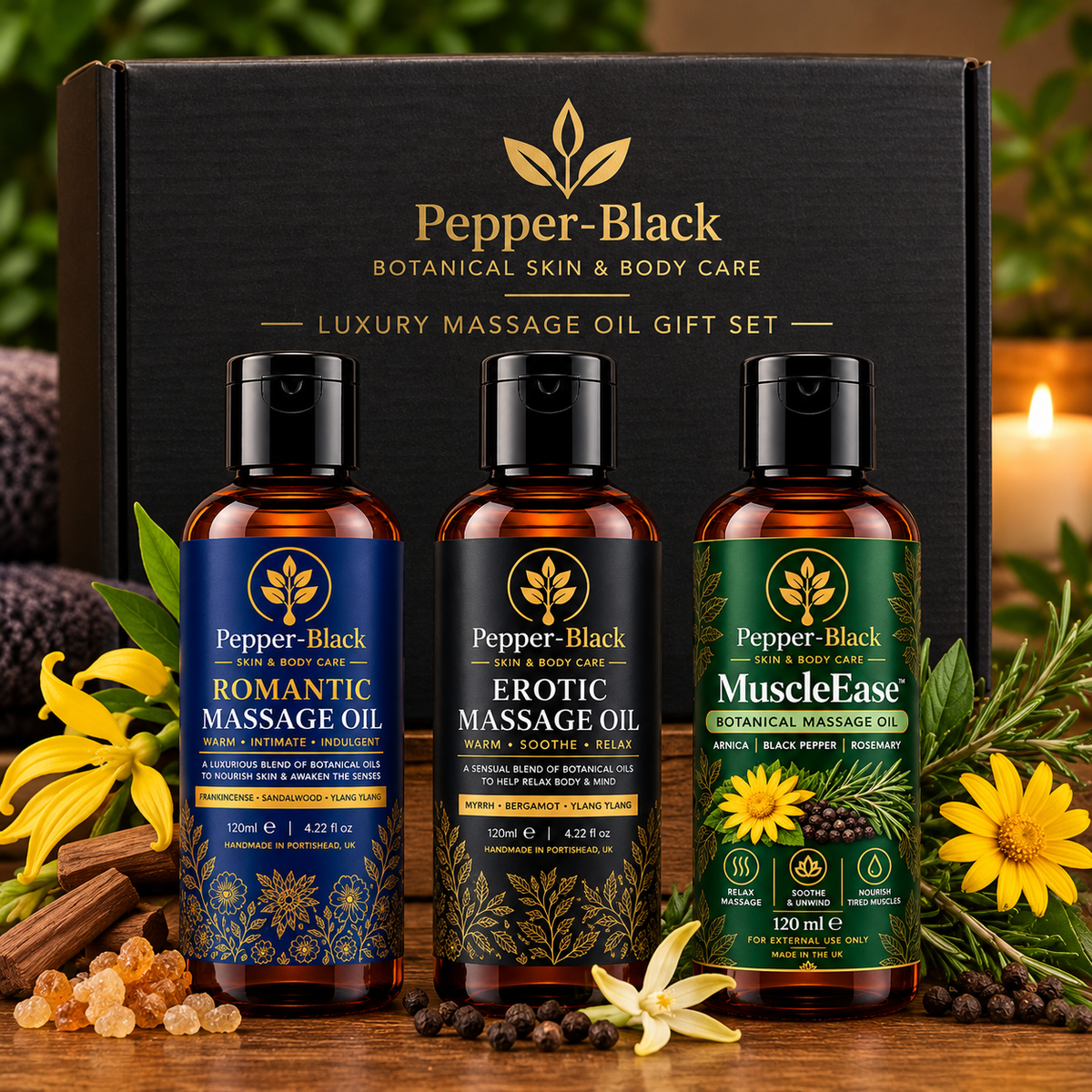 Pepper-Black luxury massage oil gift set with Romantic, Erotic and MuscleEase 120ml botanical massage oils