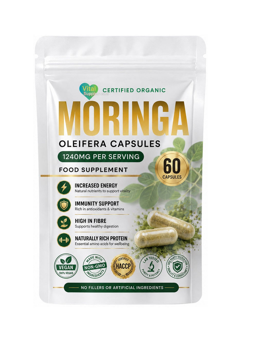 A stand-up pouch of Vitality Certified Organic Moringa Oleifera Capsules on a plain white background. The packaging is white with green and gold text and graphics, showing a capsule and green leaves.