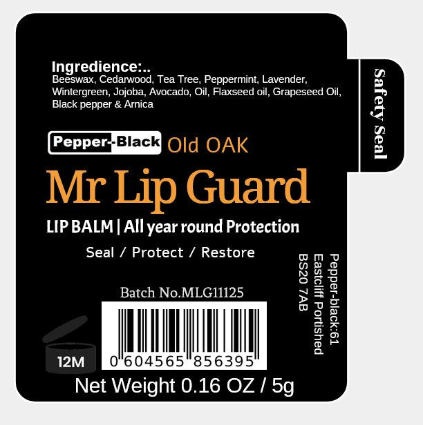 Label of Mr Lip Guard lip balm with product details and branding.