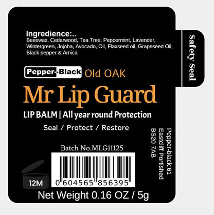 Label of Mr Lip Guard lip balm with product details and branding.