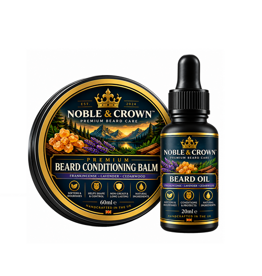 Noble & Crown luxury beard grooming gift set containing 60ml beard conditioning balm, 20ml beard oil and black grooming comb, presented in a Pepper-Black gift box with kraft filling.