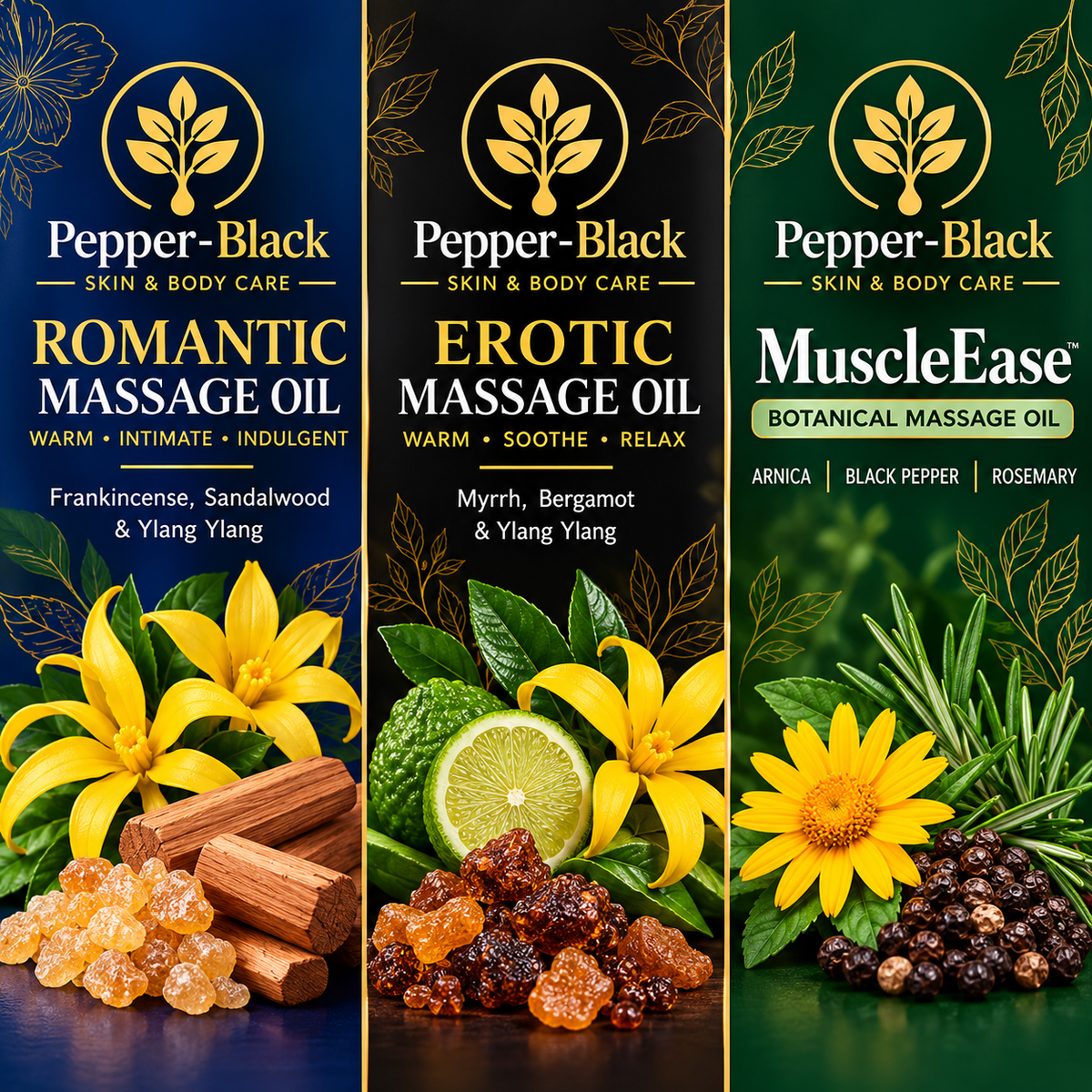 Luxury Massage Oil Gift Set – 3 × 120ml | Romantic, Erotic & MuscleEase | Pepper-Black
