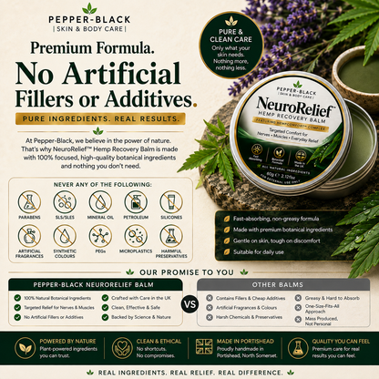 Pepper-Black NeuroRelief Hemp Recovery Balm advertisement featuring a jar of the balm, a green bottle, and a round tin, surrounded by botanical illustrations and text detailing its pure, natural ingredients and benefits.