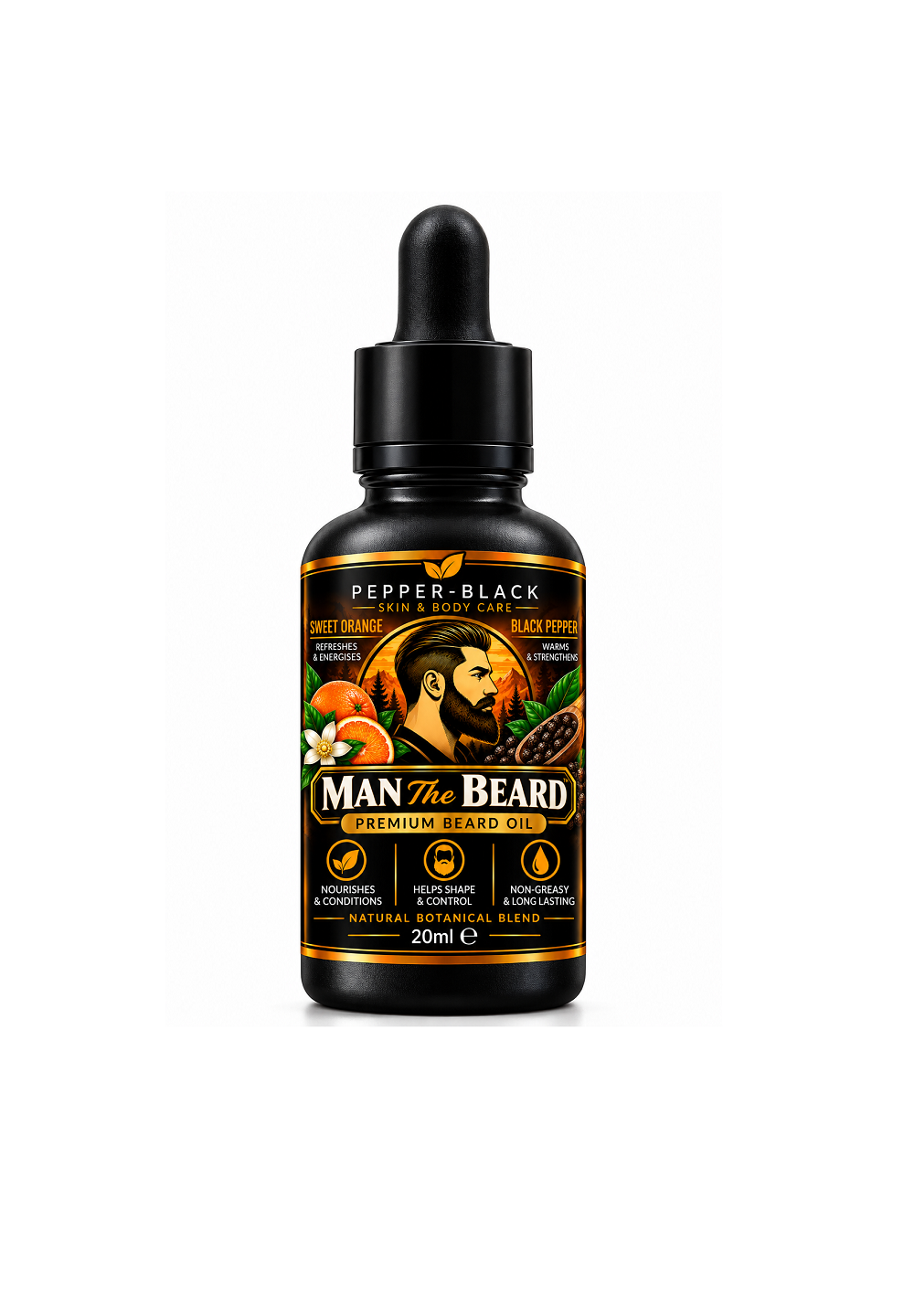 A 20ml dropper bottle of Man The Beard Serum Black, featuring a black and gold label with illustrations of a bearded man and spices, set against a plain white background.